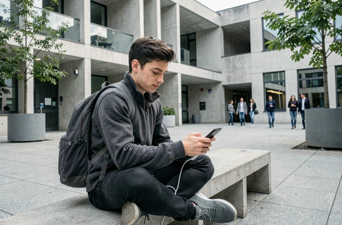 Étudiant se connectant au Wi-Fi du campus UT2J Mirail avec son smartphone en extérieur