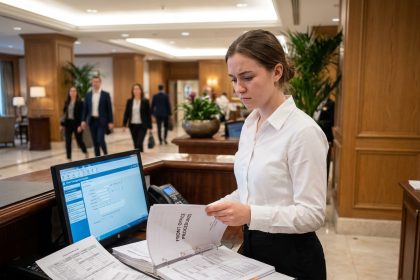 Étudiante en bachelor hôtellerie découvrant les réalités du stage à la réception d'un hôtel