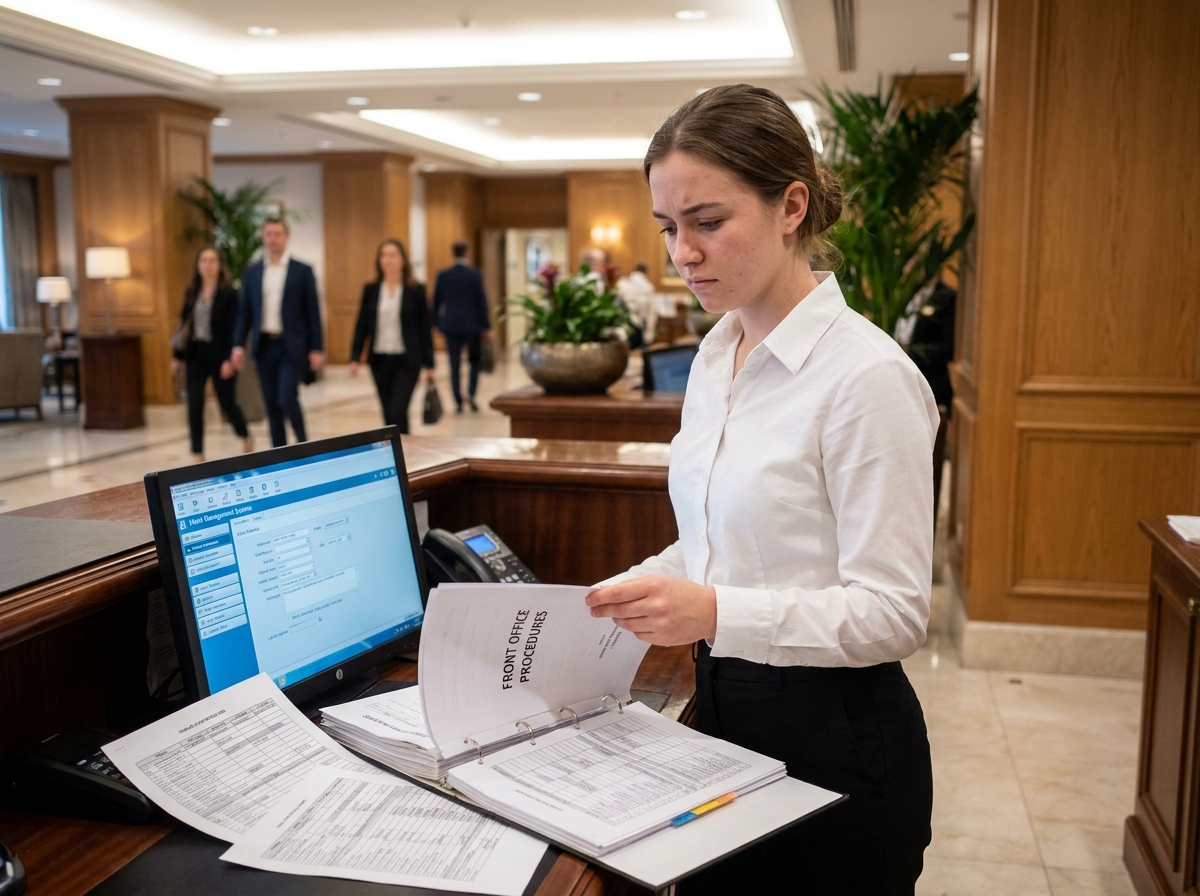 Étudiante en bachelor hôtellerie découvrant les réalités du stage à la réception d'un hôtel