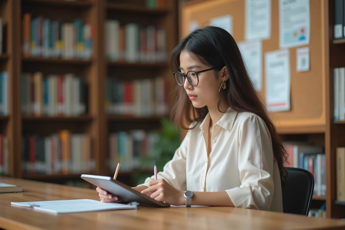 Jeune étudiante prenant des notes à la bibliothèque