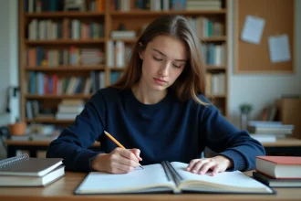 Étudiante en classe préparatoire prenant des notes dans un cahier de prépa sur un bureau en bois organisé