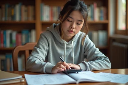 Étudiante calculant une moyenne pondérée avec coefficients sur une calculatrice à l'université