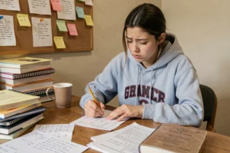 Étudiante calculant sa moyenne sur une feuille de notes avec un crayon, entourée de cahiers et de manuels scolaires sur un bureau en bois