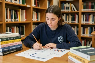 Étudiante en classe préparatoire révisant les coefficients BCE 2026 dans une bibliothèque universitaire