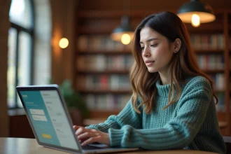 Étudiante connectée à la plateforme Alcuin ESME sur un ordinateur portable dans une bibliothèque universitaire