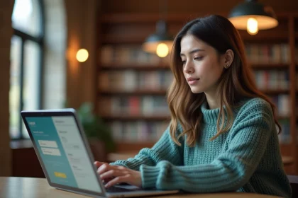Étudiante connectée à la plateforme Alcuin ESME sur un ordinateur portable dans une bibliothèque universitaire