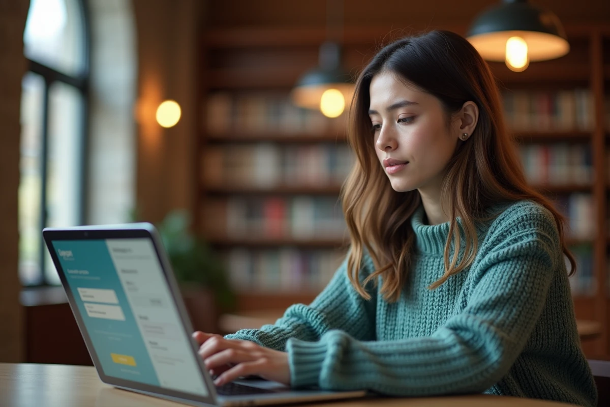 Étudiante connectée à la plateforme Alcuin ESME sur un ordinateur portable dans une bibliothèque universitaire