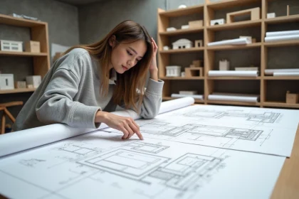 Étudiante en architecture étudiant une fiche mémo de coupe longitudinale et transversale sur une table à dessin