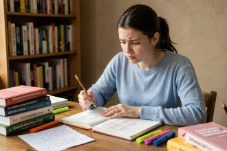 Jeune femme francophone étudiant la déclinaison allemande à son bureau avec des livres de grammaire et des notes manuscrites