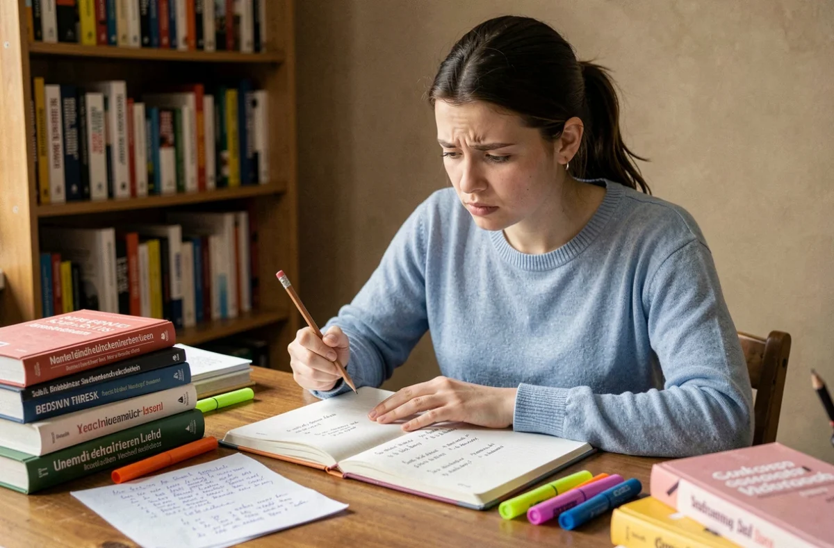 Jeune femme francophone étudiant la déclinaison allemande à son bureau avec des livres de grammaire et des notes manuscrites