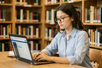 Étudiante consultant son dossier d'examen sur la plateforme Cuyclade depuis une bibliothèque universitaire