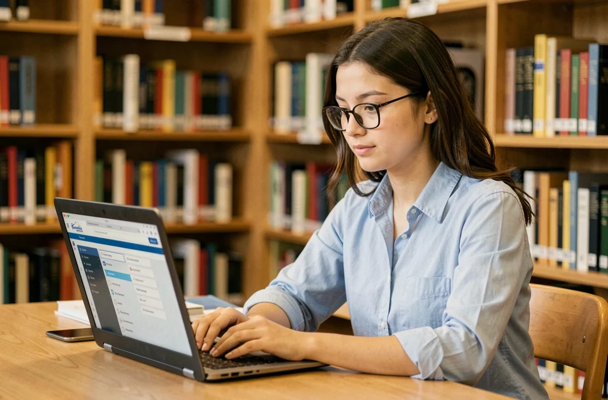 Étudiante consultant son dossier d'examen sur la plateforme Cuyclade depuis une bibliothèque universitaire