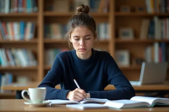 Étudiante en ECE prépa stressée révisant ses notes dans une bibliothèque universitaire avec des manuels ouverts sur son bureau