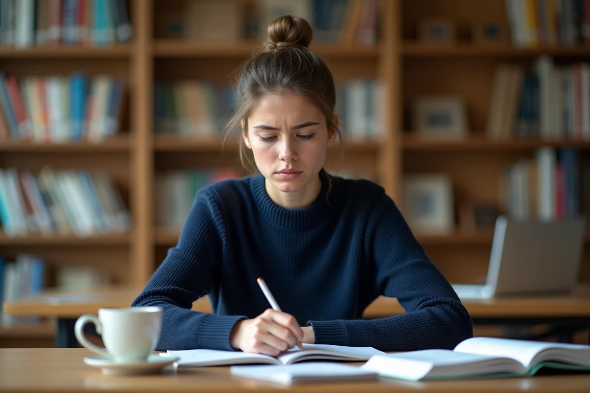 Étudiante en ECE prépa stressée révisant ses notes dans une bibliothèque universitaire avec des manuels ouverts sur son bureau