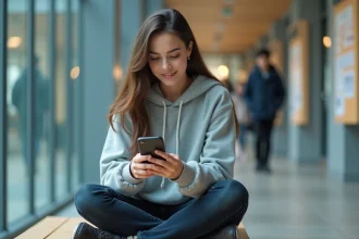 Étudiante consultant son emploi du temps universitaire sur smartphone dans un couloir du campus d'Angers