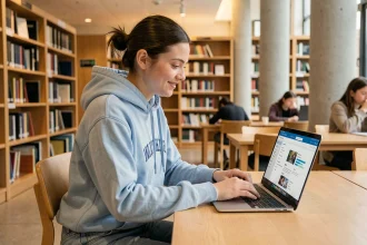 Étudiante connectée à l'ENT de l'université UT2J dans une bibliothèque universitaire moderne