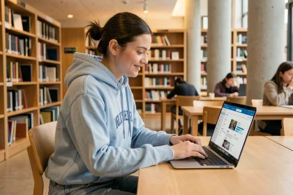 Étudiante connectée à l'ENT de l'université UT2J dans une bibliothèque universitaire moderne