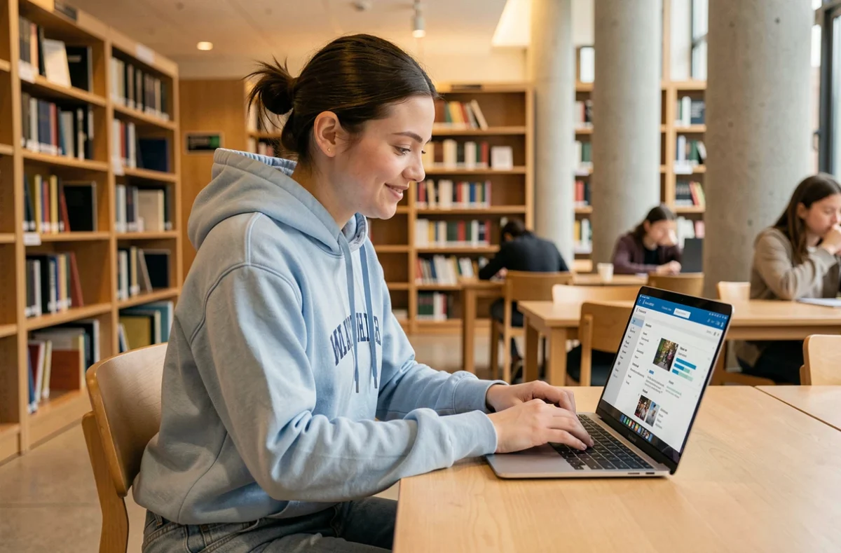 Étudiante connectée à l'ENT de l'université UT2J dans une bibliothèque universitaire moderne