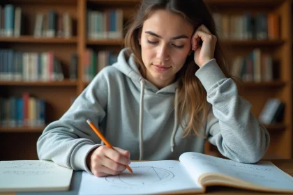 Étudiante travaillant sur des exercices de trigonométrie avec des formules sin et cos sur du papier quadrillé dans une bibliothèque universitaire