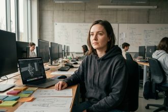 Étudiante en formation game design travaillant sur un logiciel de modélisation 3D dans un studio universitaire