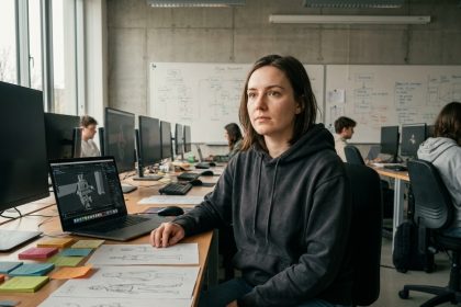 Étudiante en formation game design travaillant sur un logiciel de modélisation 3D dans un studio universitaire
