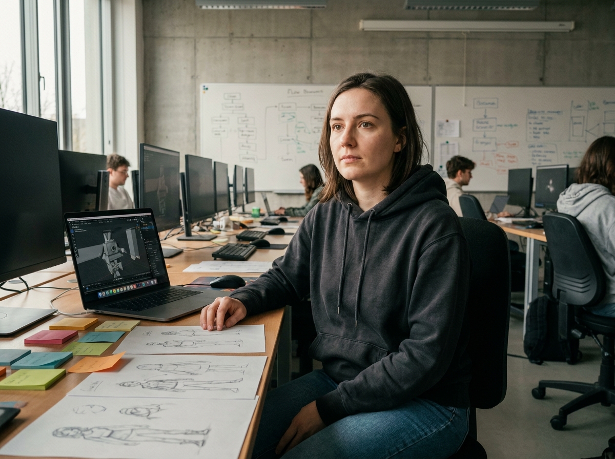 Étudiante en formation game design travaillant sur un logiciel de modélisation 3D dans un studio universitaire