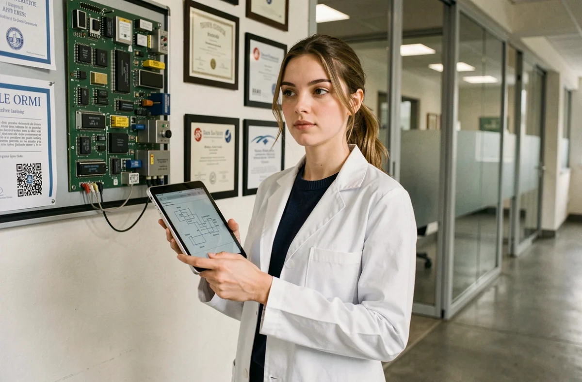 Étudiante ingénieure en école supérieure de Franche-Comté tenant une tablette avec des schémas techniques dans un bâtiment universitaire