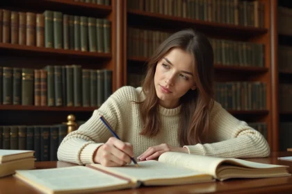 Étudiante en philosophie analysant un exemple de dissertation dans une bibliothèque universitaire classique