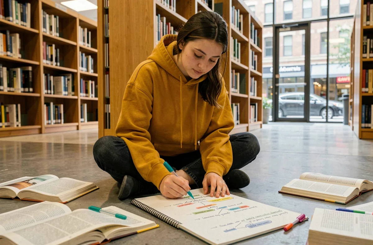 Jeune étudiante rédigeant un plan structuré avec des connecteurs logiques dans une bibliothèque moderne entourée de manuels scolaires