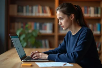 Étudiante naviguant sur la plateforme LISE ENSAM dans une bibliothèque universitaire