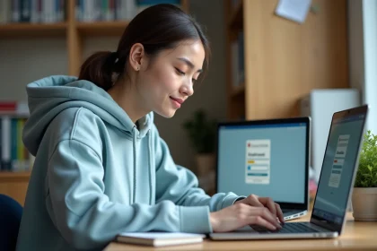 Étudiante connectée pour la première fois sur un portail universitaire depuis sa chambre de résidence à la rentrée 2026