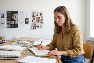 Étudiante en prépa design travaillant sur des esquisses architecturales dans un atelier artistique après le bac