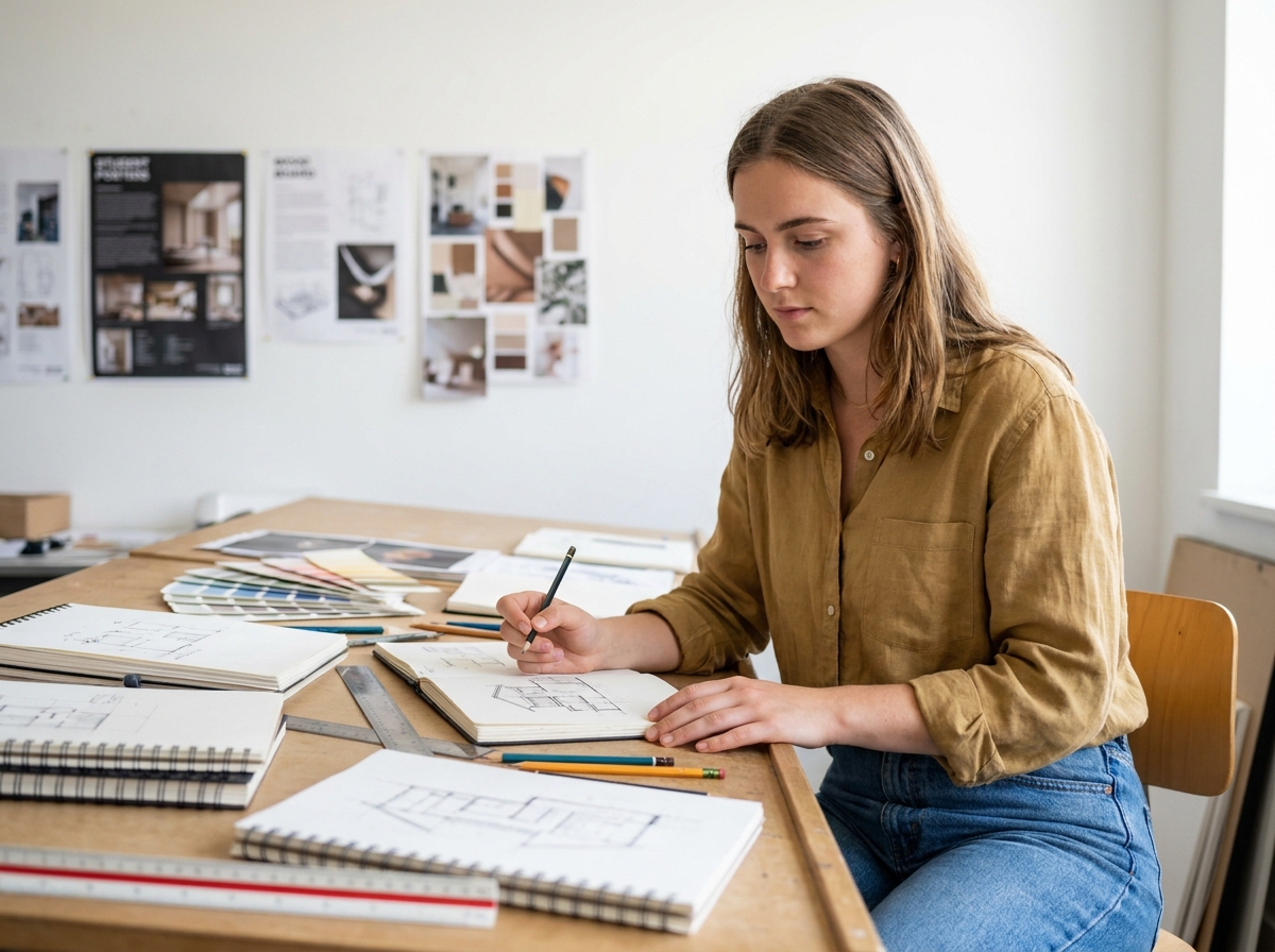 Étudiante en prépa design travaillant sur des esquisses architecturales dans un atelier artistique après le bac