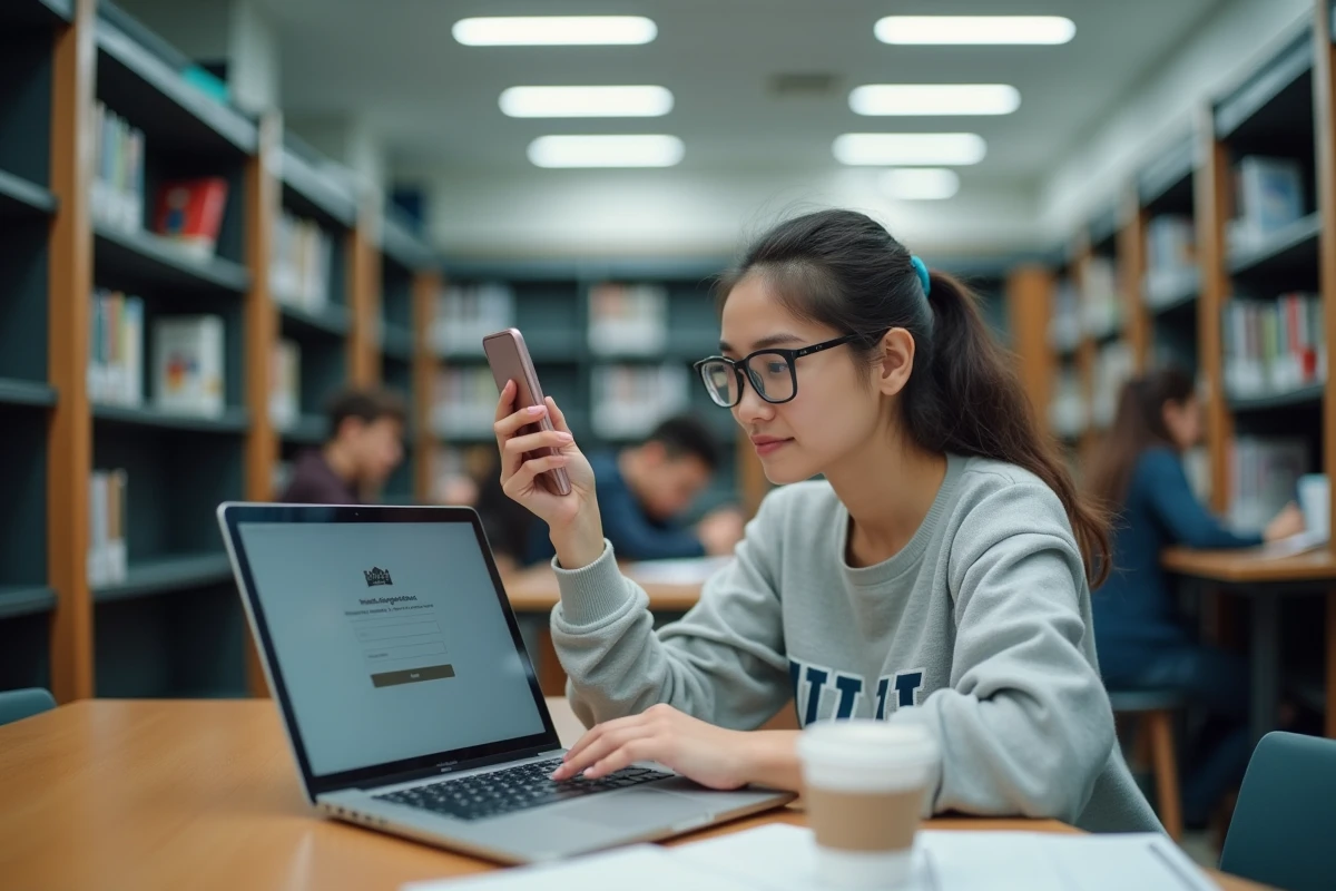 Étudiante consultant son téléphone pour résoudre un problème de connexion sur une plateforme universitaire en ligne dans une bibliothèque