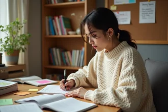 Étudiante organisée révisant ses examens avec un planning coloré et des livres ouverts sur un bureau en bois