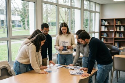 Groupe d'étudiants autour de brochures à Rennes