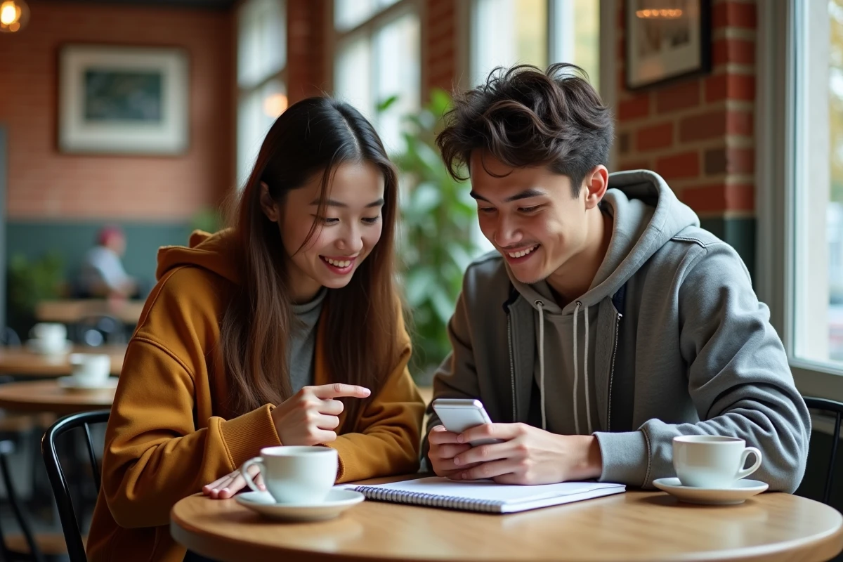 Deux étudiants consultant ensemble un emploi du temps universitaire sur mobile dans un café du campus