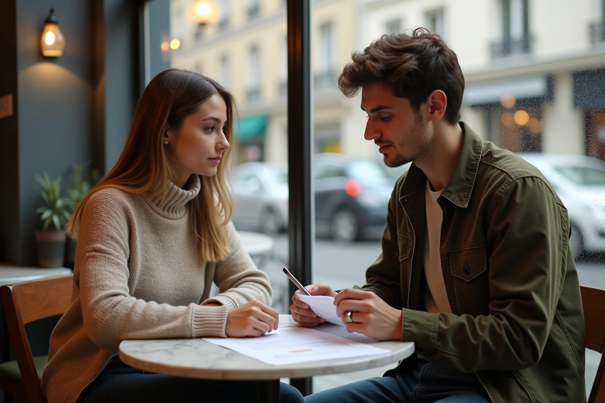 Deux étudiants en art discutant d'un dossier de candidature pour une école de photographie ou de design parisienne dans un café, avec des planches de portfolio sur la table