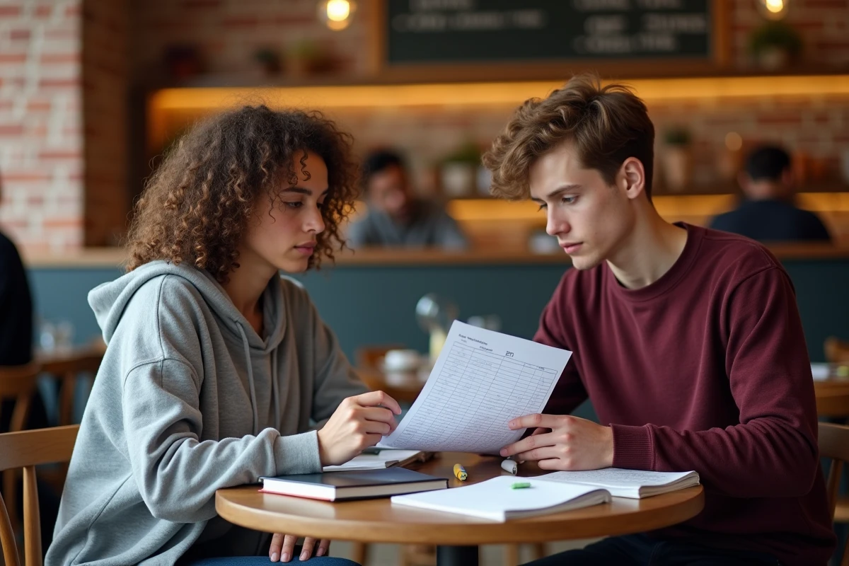 Deux étudiants en prépa ECE planifiant leur organisation scolaire ensemble dans un café avec un planning imprimé sur la table