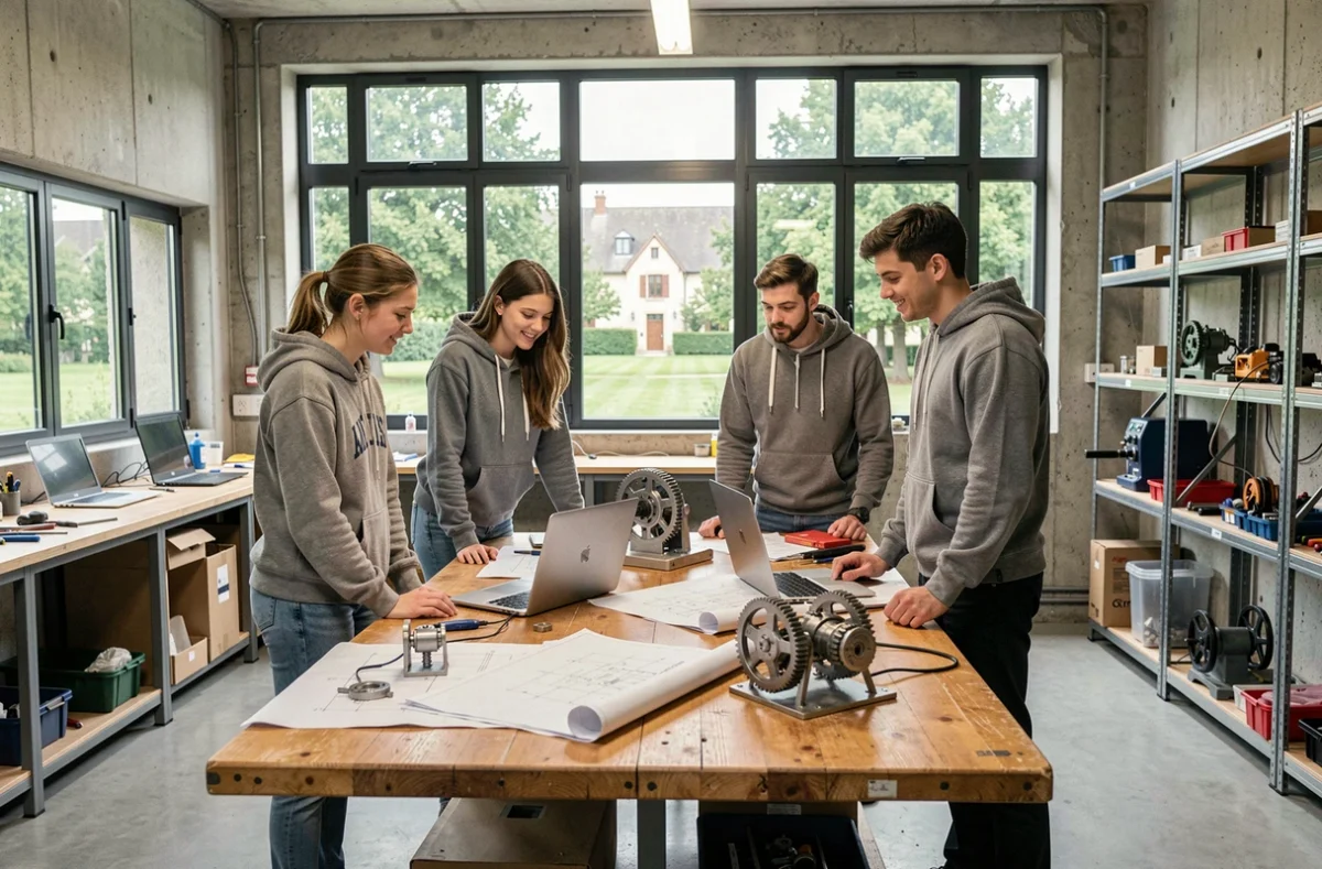 Étudiants en école d'ingénieurs en Bourgogne-Franche-Comté travaillant sur des prototypes dans un laboratoire universitaire moderne