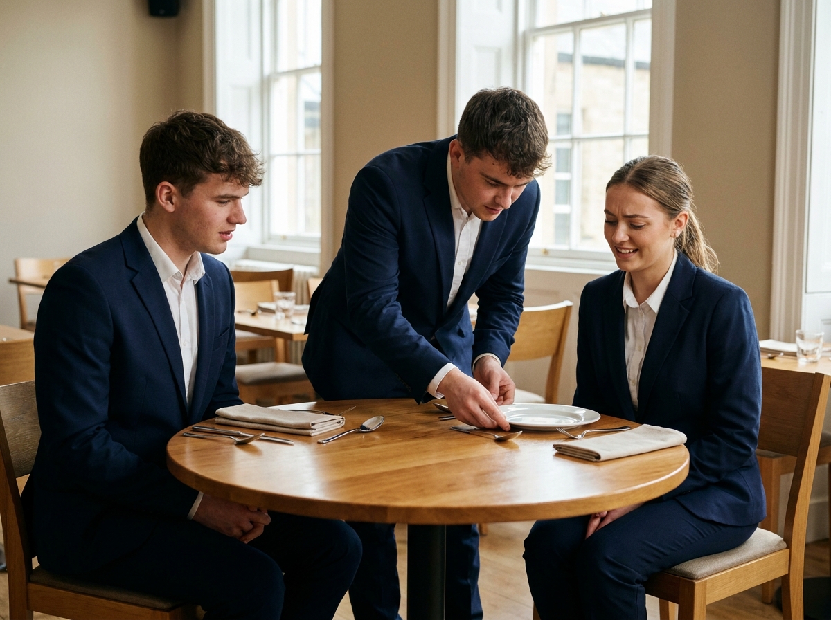 Étudiants en formation hôtellerie pratiquant le service en salle lors d'un cours pratique