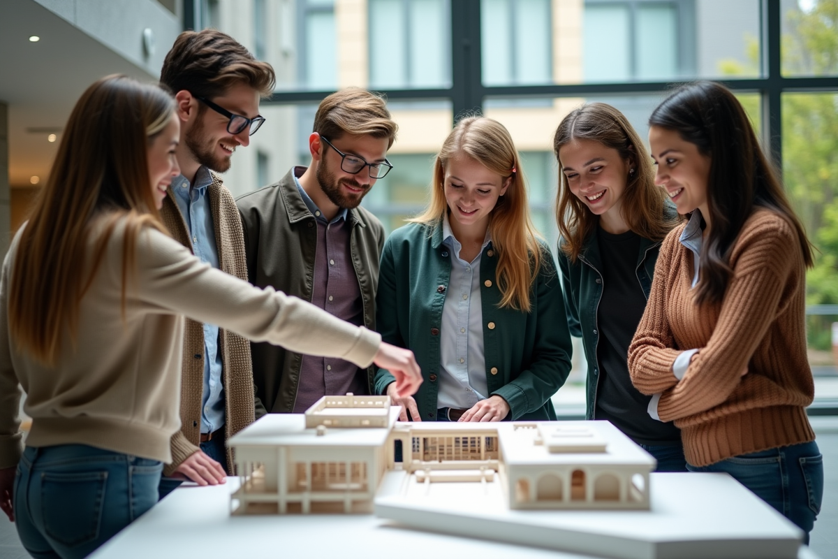 Groupe d'étudiants en ingénierie autour d'un modèle architectural