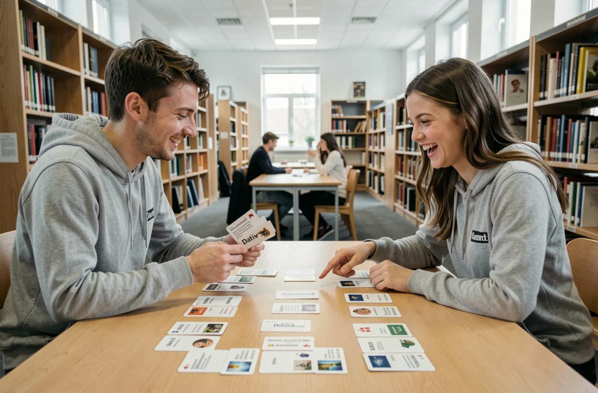 Deux étudiants jouant à un jeu de cartes sur les cas grammaticaux allemands dans une bibliothèque universitaire