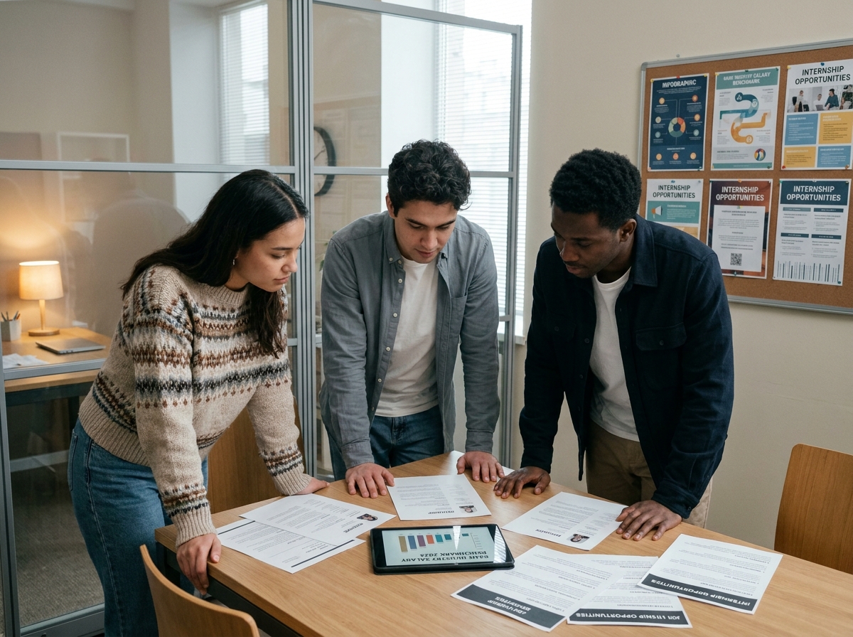 Groupe d'étudiants en jeu vidéo étudiant les réalités du marché de l'emploi lors d'une session d'orientation professionnelle