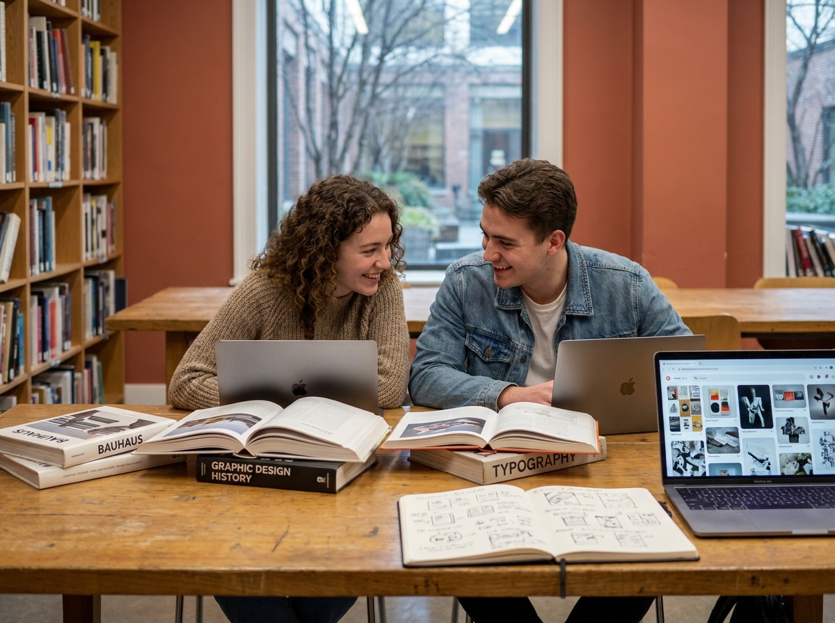 Deux étudiants en prépa design consultant des ouvrages de référence ensemble dans la bibliothèque de leur école d'art