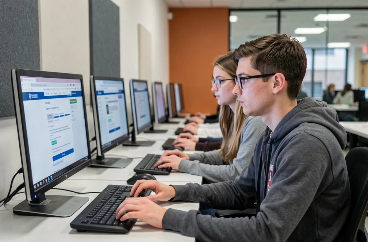 Deux étudiants utilisant les ressources numériques et services en ligne de l'ENT UT2J au Mirail