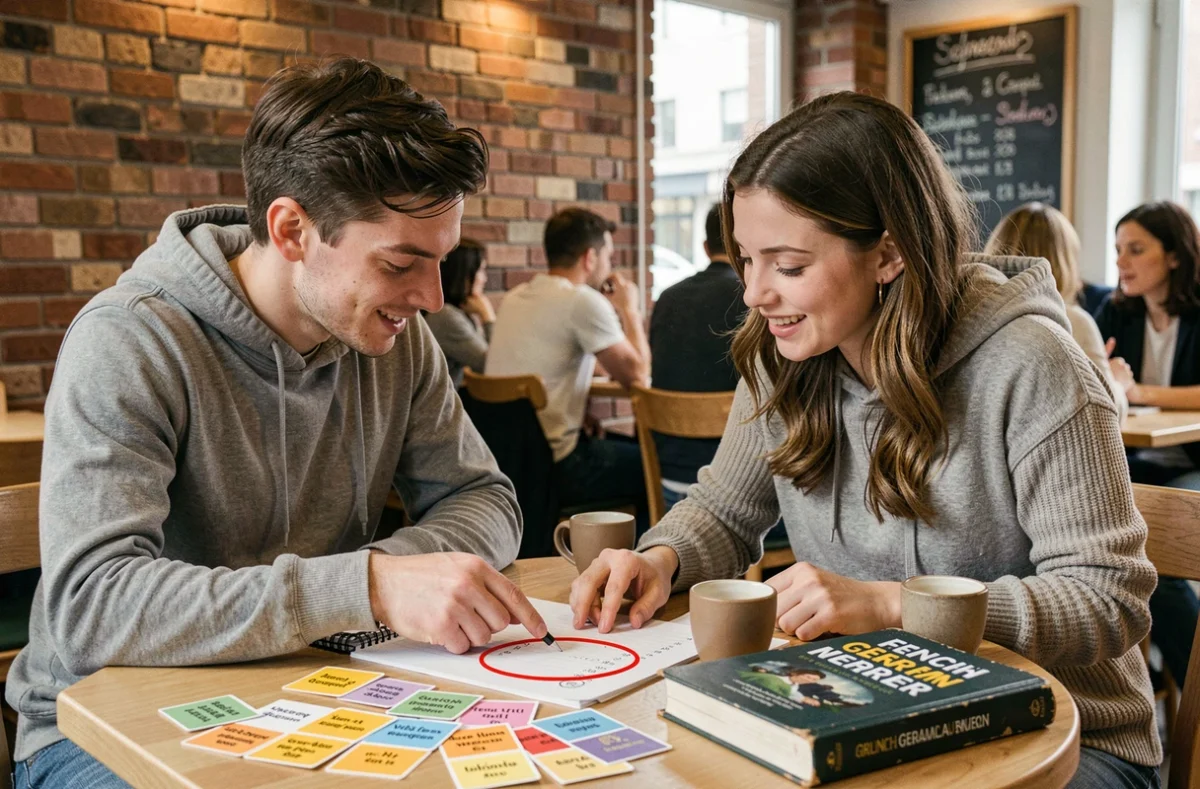 Deux étudiants francophones révisant ensemble les erreurs de déclinaison allemande autour de fiches et d'un dictionnaire dans un café