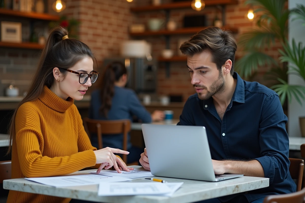 Deux étudiants révisant ensemble dans un café avec des résumés de cours et un ordinateur portable