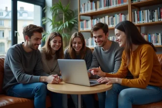 Groupe d'étudiants à Paris autour d'un ordinateur