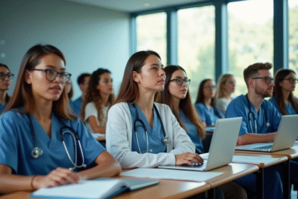Groupe d'étudiants en salle de cours moderne pour l'article